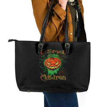 Jack O Lantern Skull Leather Tote Bag I Smell Children DT01