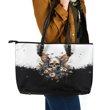 Butterfly Skull Leather Tote Bag Flower Butterfly Gothic Skull DT01