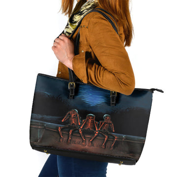 Skull Leather Tote Bag Three Skeleton No See No Speak No Hear DT01