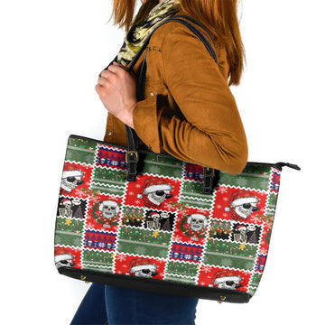 Skeleton Santa Claus Leather Tote Bag Moodboard Skull Ugly Christmas DT01