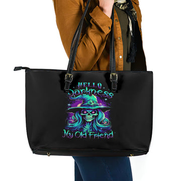 Witch Skull Leather Tote Bag Skull Witch Hello Darkness My Old Friend DT01