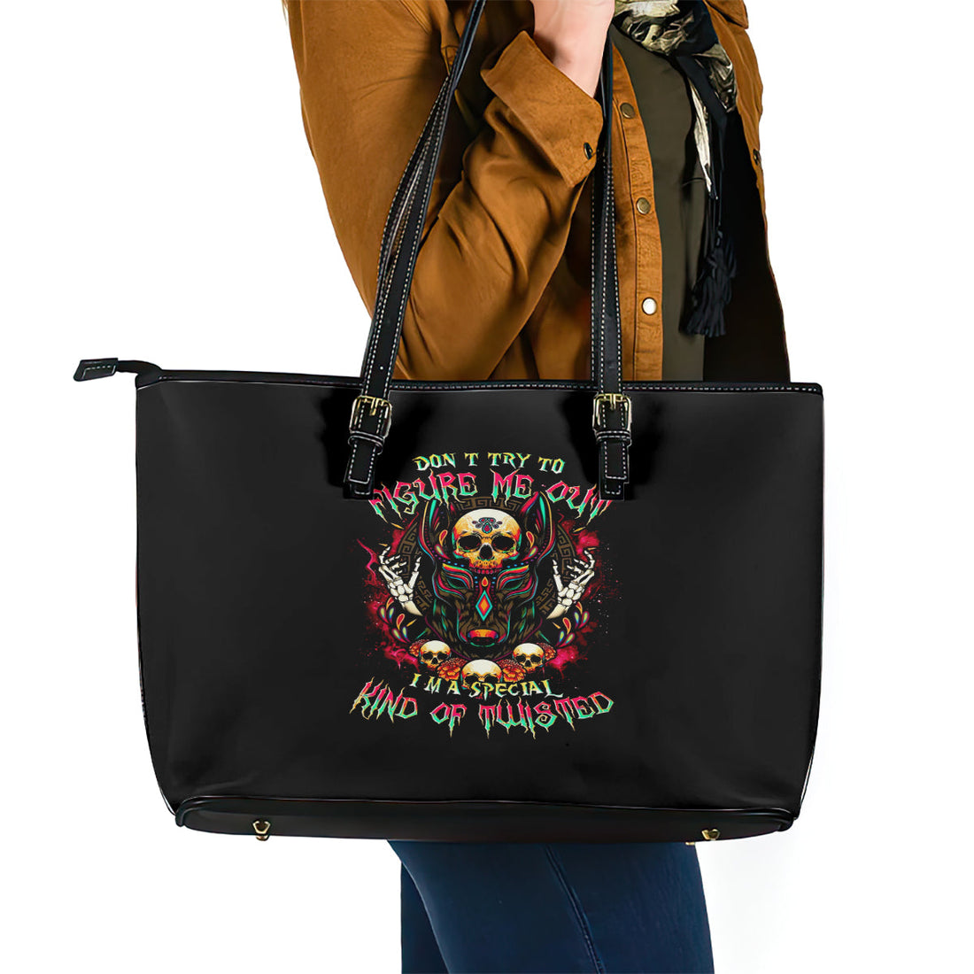 Anubis Skull Leather Tote Bag Skull Anubis Don't Try To Figured Me Out DT01