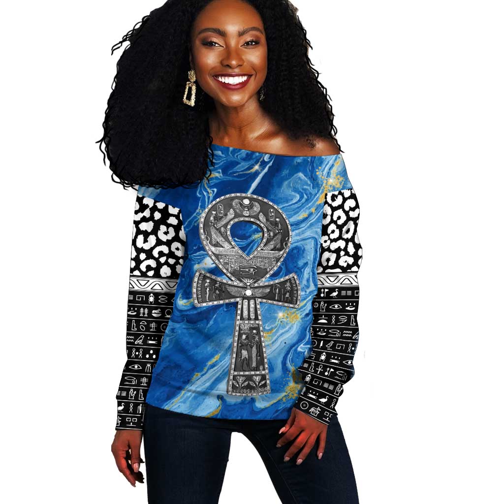 Ankh On Blue Off Shoulder Sweater Pan African DT02