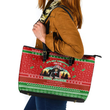 It's Not Christmas Unil Hans Gruber Falls From Nakatomi Plaza Leather Tote Bag Xmas Eve 1988 DT02