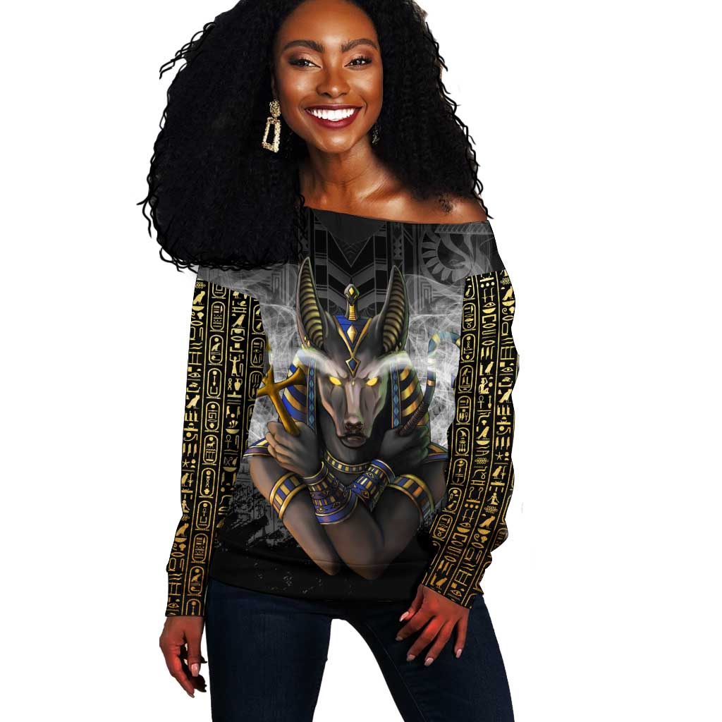 Anubis Off Shoulder Sweater Egypt Pattern Black DT02