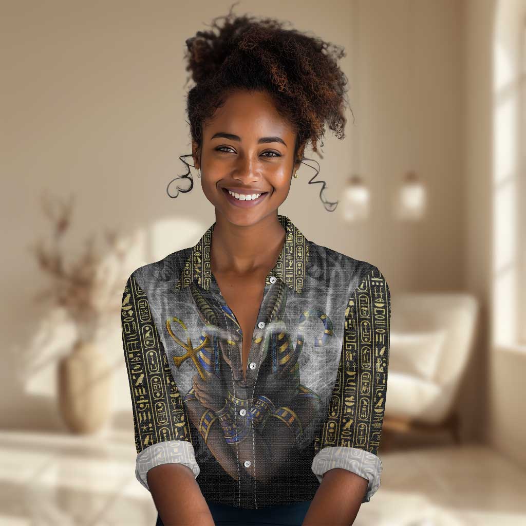 Anubis Women Casual Shirt Egypt Pattern Black DT02