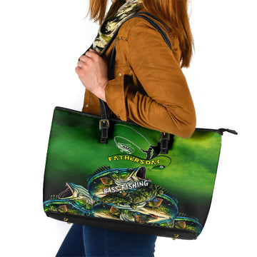 Father's Day Bass Fishing Leather Tote Bag Best Dad Ever DT02