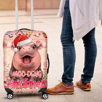 Moodeng Christmas Luggage Cover Cute Hippo Holiday with Pastel Floral Festive Vibes DT02
