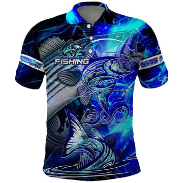 Blue Lightning Striped Bass Polo Shirt Power Surge Fishing Hook Electric Print DT02