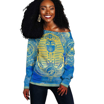 Personalized Egyptian Pharaoh Off Shoulder Sweater with Mandala and Eye of Horus in Blue DT02