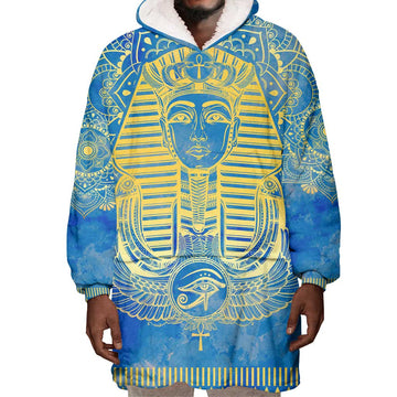Personalized Egyptian Pharaoh Wearable Blanket Hoodie with Mandala and Eye of Horus in Blue DT02