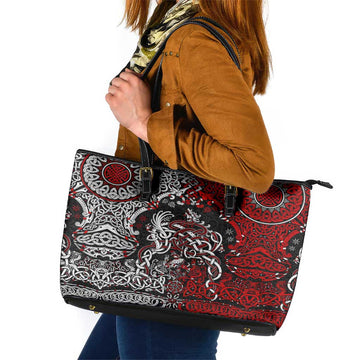 Viking Warrior And Viking Dragons Leather Tote Bag DT02