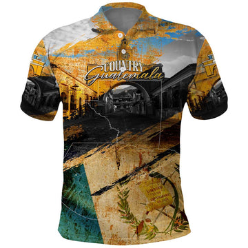 Guatemala Country Pride Polo Shirt Grunge Map Art with National Landmark Flag Texture DT02