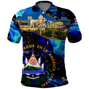 El Salvador Country Pride Polo Shirt Map Flag and National Emblem Art in Cosmic Blue DT02