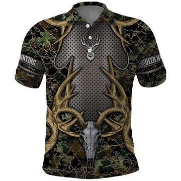 Skull Deer Hunting Camouflage Pattern Polo Shirt Rustic Hunting Metal Mesh Background Art DT02