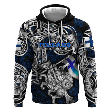 Personalized Finland Viking Blood Hoodie Nordic Runes and Shield of Ancestry in Tribal Knotwork DT02