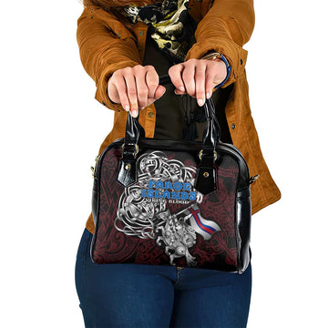 Faroe Islands Viking Blood Shoulder Handbag Nordic Runes and Shield of Ancestry in Tribal Knotwork DT02