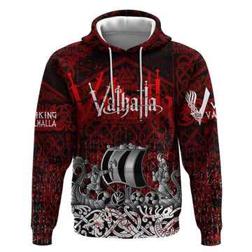 Blood Flows to Valhalla Hoodie Viking Longship Nordic Knotwork - Dark Mythology DT02