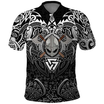 Scandinavian Viking Polo Shirt Norse Warrior Sigil - Helmet and Battle Axes DT02