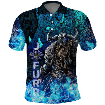 Jofurr Boar Warrior Viking Polo Shirt Frost Viking Runes Blue Flame DT02