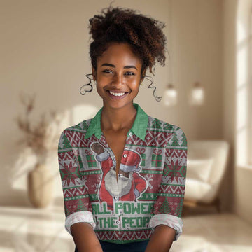 Black Santa Fist Christmas Africa Women Casual Shirt All Power to the People DT03