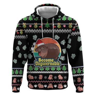 Christmas Become Ungovernable Moo Deng Hoodie Humor Cute Baby Hippo Joke DT03
