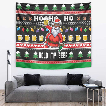 Ho Ho Ho Hold My Beer Santa Afro Tapestry Christmas Beer DT03