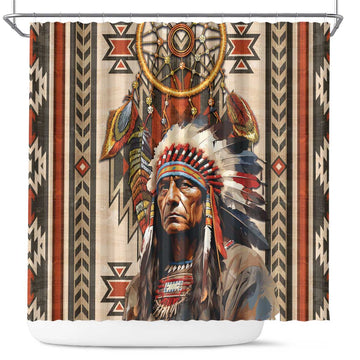 Native American Man Shower Curtain Feather Headdress With Dream Catcher DT04