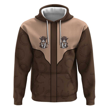 Cowcat Hoodie Cowboy Cat Meowdy Retro Western Yoke Brown DT05