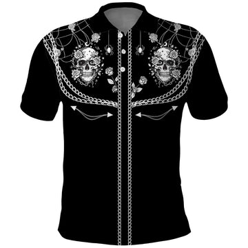 Western Gothic Yoke Polo Shirt Skull Rose With Spider DT05
