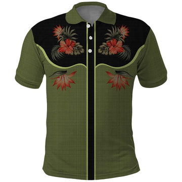 Western Yoke Polo Shirt Tropical Hibiscus Cowboy Style DT05