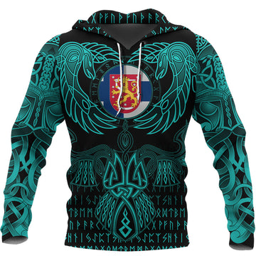 Viking Finland Hoodie Valknut of Odin Cyan RLT12