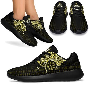 Viking Sport Sneakers, Fenrir Raven and Vegvisir Tattoo Yellow RLT12