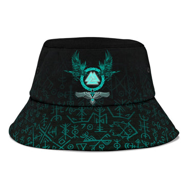 Viking Bucket Hat Three Raven and Valknut Cyan RLT12