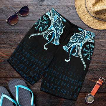Viking Men's Shorts, Fenrir Raven and Vegvisir Tattoo Cyan RLT12