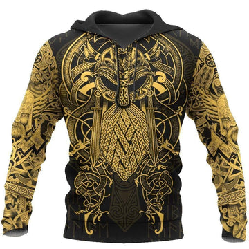 Viking Clothing Gold Plated Odin Tattoo Style Hoodie RLT12