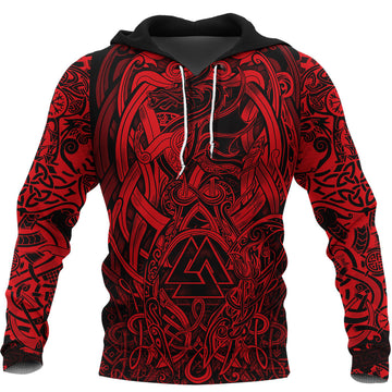 Viking Hoodie Valknut and Dragon Tattoo Red RLT12