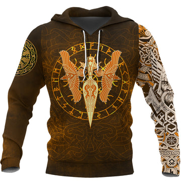 Viking Hoodie Gold Spear Of The God Odin Gungnir and Two Gold Ravens RLT12