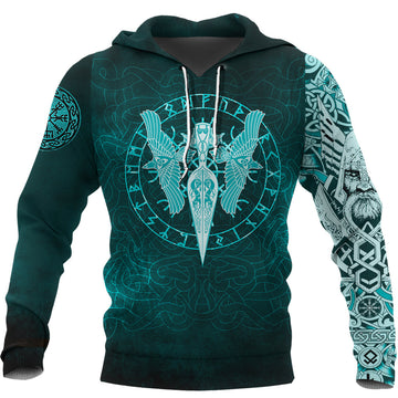 Viking Hoodie Cyan Spear Of The God Odin Gungnir and Two Cyan Ravens Style RLT12