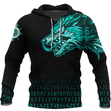Viking Hoodie Fenrir Wolf Cyan Near Shoulder RLT12