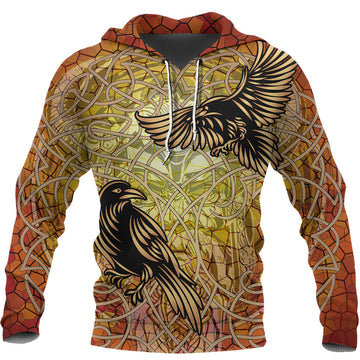 Viking Celtic Symbol Hoodie Huginn and Muninn Of Odin On Yggdrasil Gold RLT12