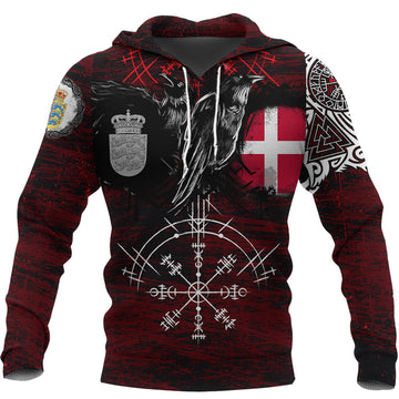 Viking Hoodie Denmark Raven Of Odin and Symbol Viking On Blood Background RLT12