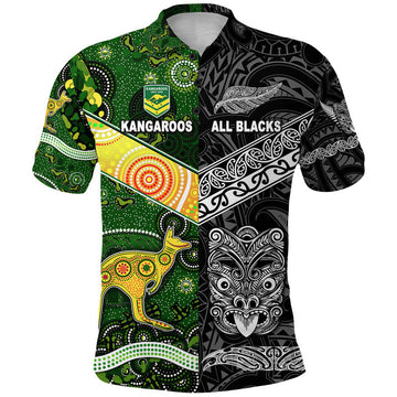 Custom New Zealand Maori All Black And Australia Kangaroos Aboriginal Polo Shirt Rugby Together LT8