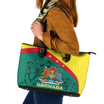 Grenada Leather Tote Bag Coat Of Arms With Bougainvillea Flowers LT7