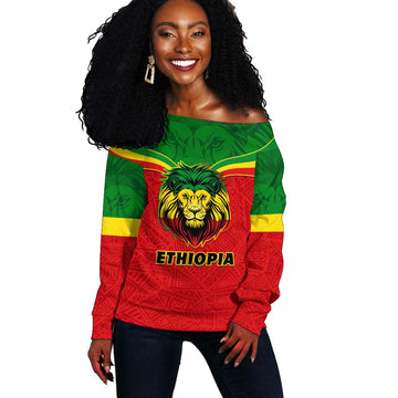 Personalized Ethiopia Off Shoulder Sweater with Lion of Judah Flag Style - Special Version LT01