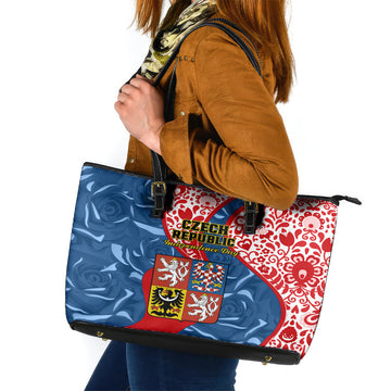 Czech Republic Independence Day Leather Tote Bag Czechia Coat Of Arms Embroidery Motif LT01