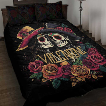 Sugar Skull Couple Valentine Quilt Bed Set Roses Romantic Love LT01