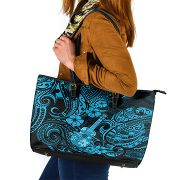 Hawaii Ukulele Leather Tote Bag Polynesian Pattern Sky Blue Version LT01