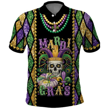 Mardi Gras Skull Polo Shirt Beads Fleur De Lis LT01