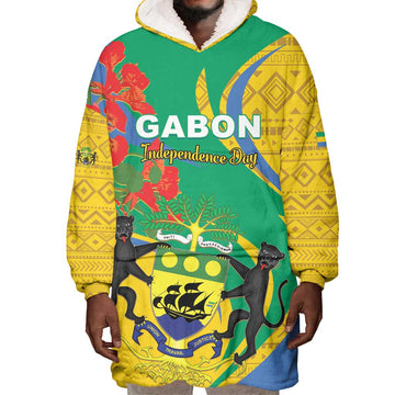 Gabon Independence Day Wearable Blanket Hoodie Gabonaise Flamboyant African Pattern LT01